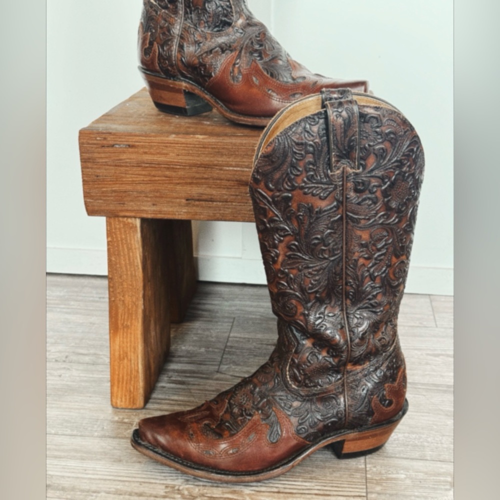 Boulet tooled Leather Western Cowboy Boots - Brown